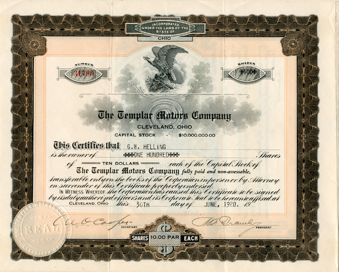 Templar Motors Co. - Stock Certificate